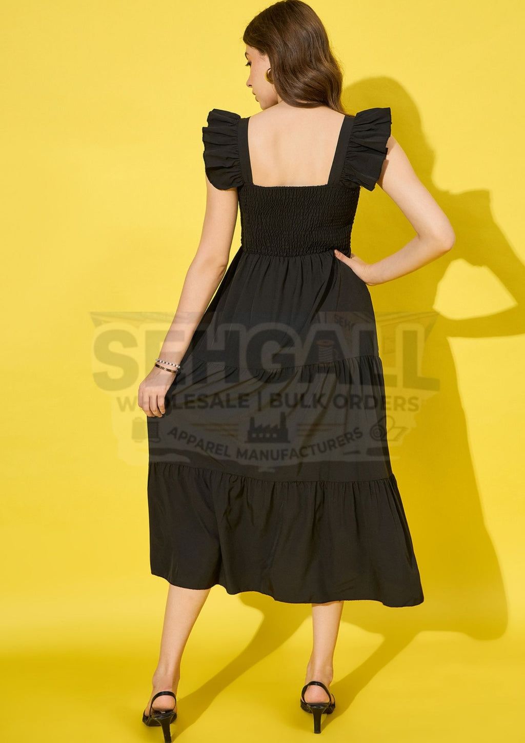 Ruffled Strap Dress Square Neck Smocked Women Maxi Dresses-3469
