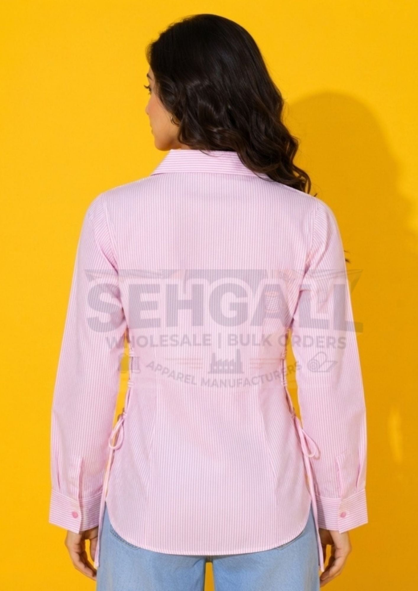 Pinstripe Lace-Up Side Detail Long-Sleeve Button-Down Cotton Shirt-3715