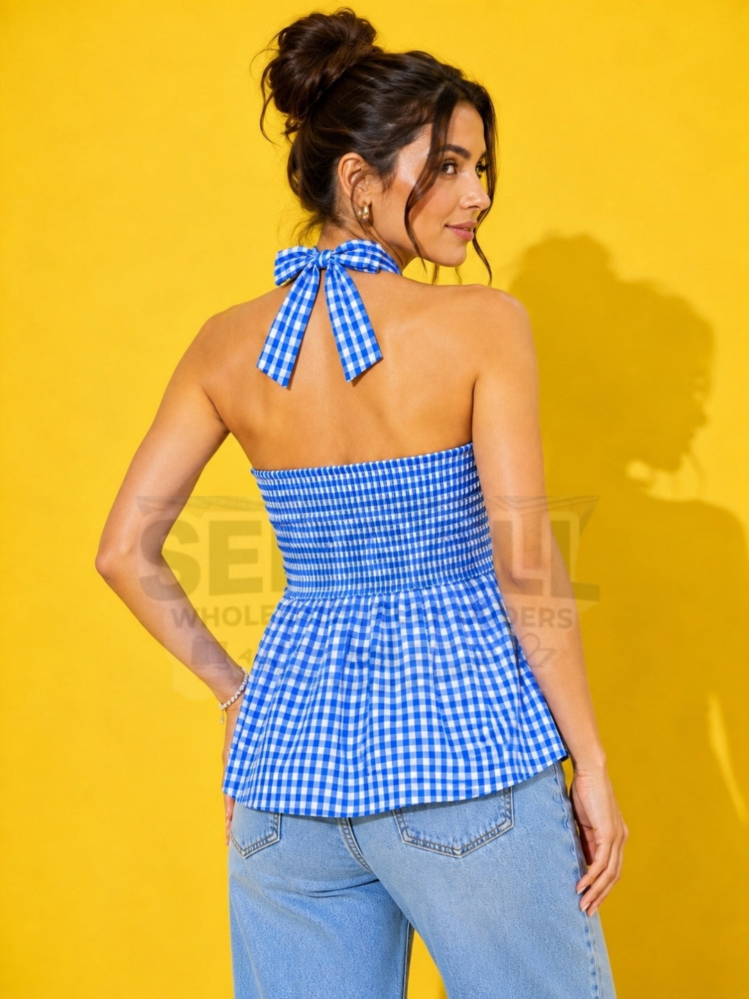 Gingham Check Strapless Bow Front Peplum Top - 3723