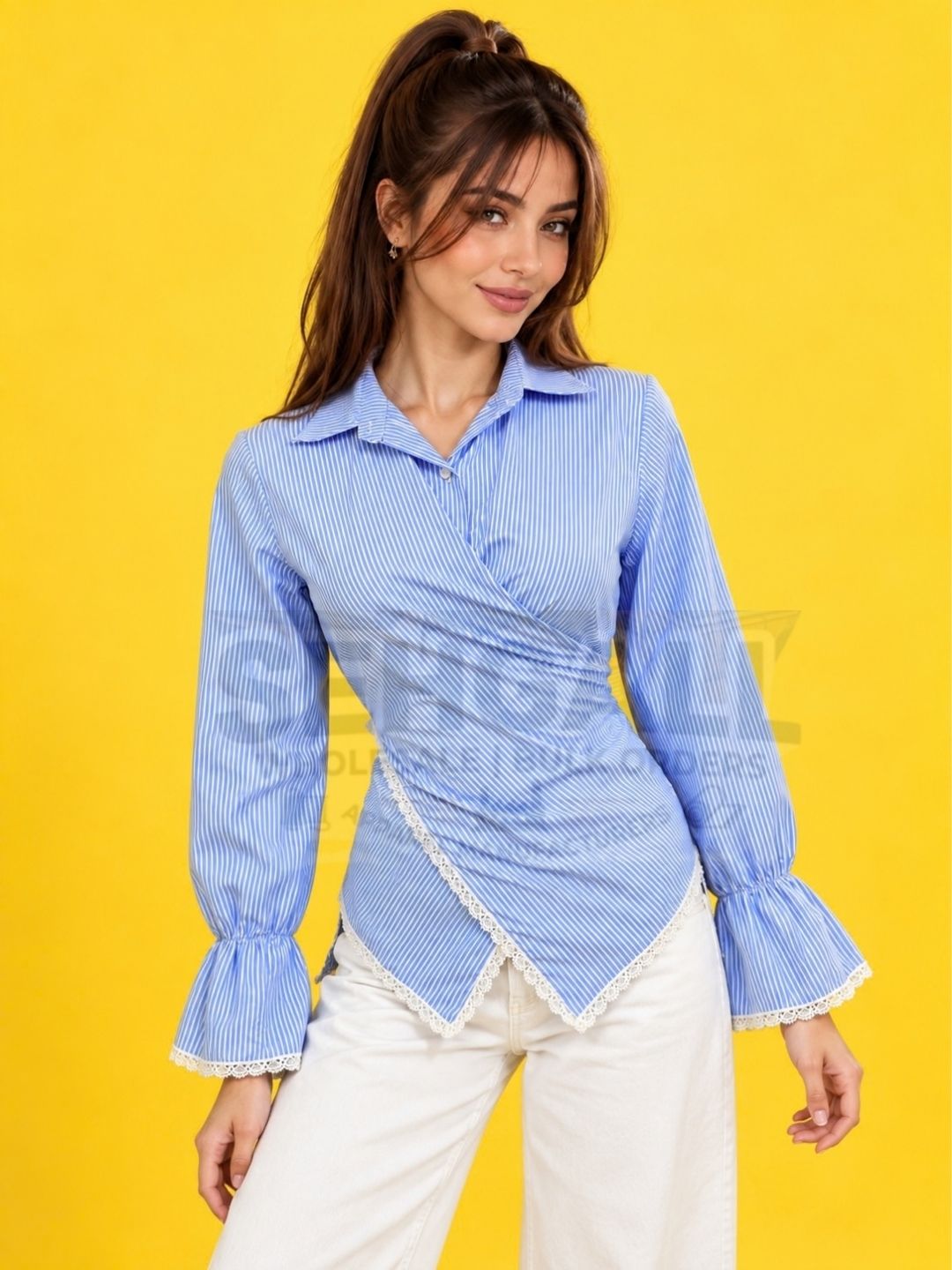 Striped Surplice Wrap Front Shirt Top -3747