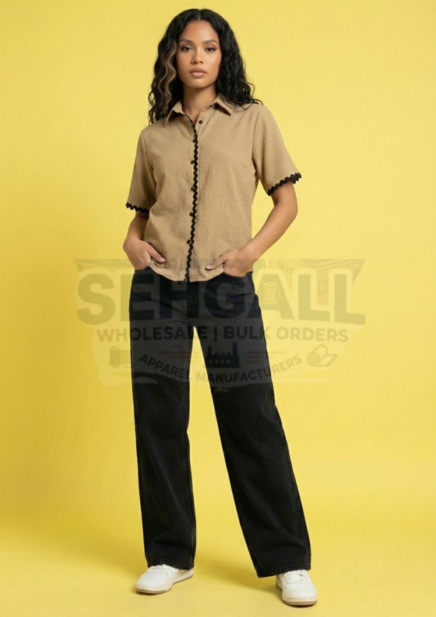 Women Cotton Blend Contrast Trim Short Sleeve Shirt-3667