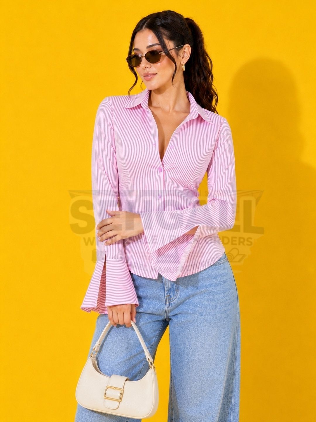 Striped Cotton Corset Back Waist-Tie Long Sleeve Shirt-3691