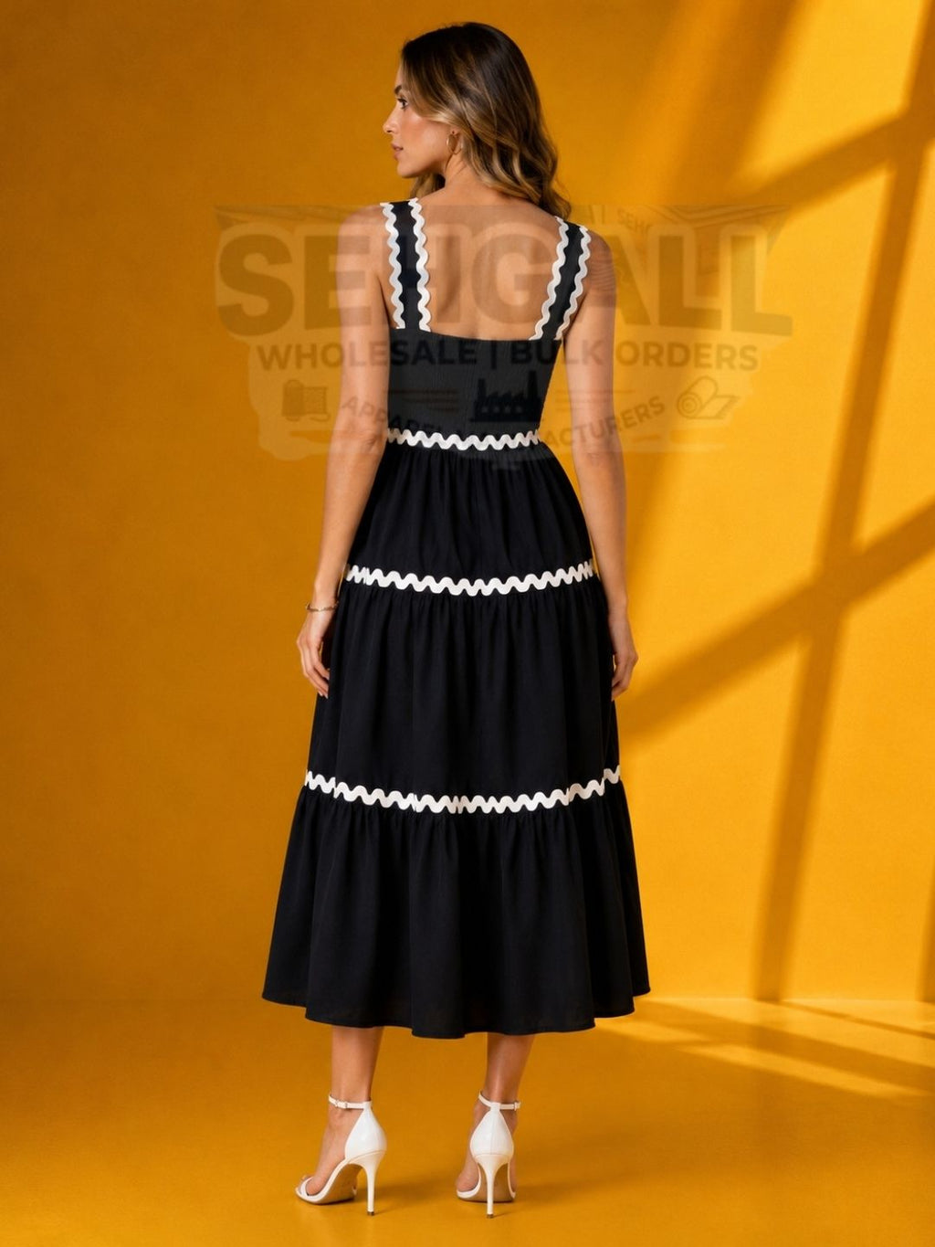 Maxi Tiered Sleeveless Dress with White Ricrac Trim Square Neckline-3694