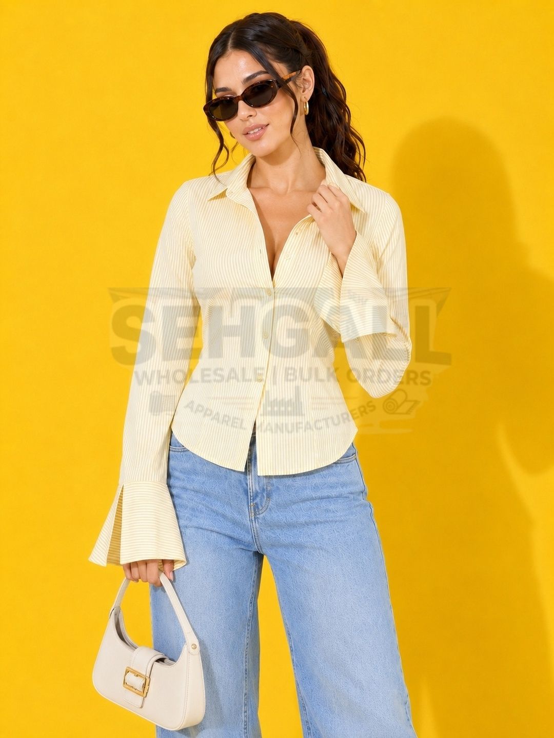 Striped Cotton Corset Back Waist-Tie Long Sleeve Shirt-3691
