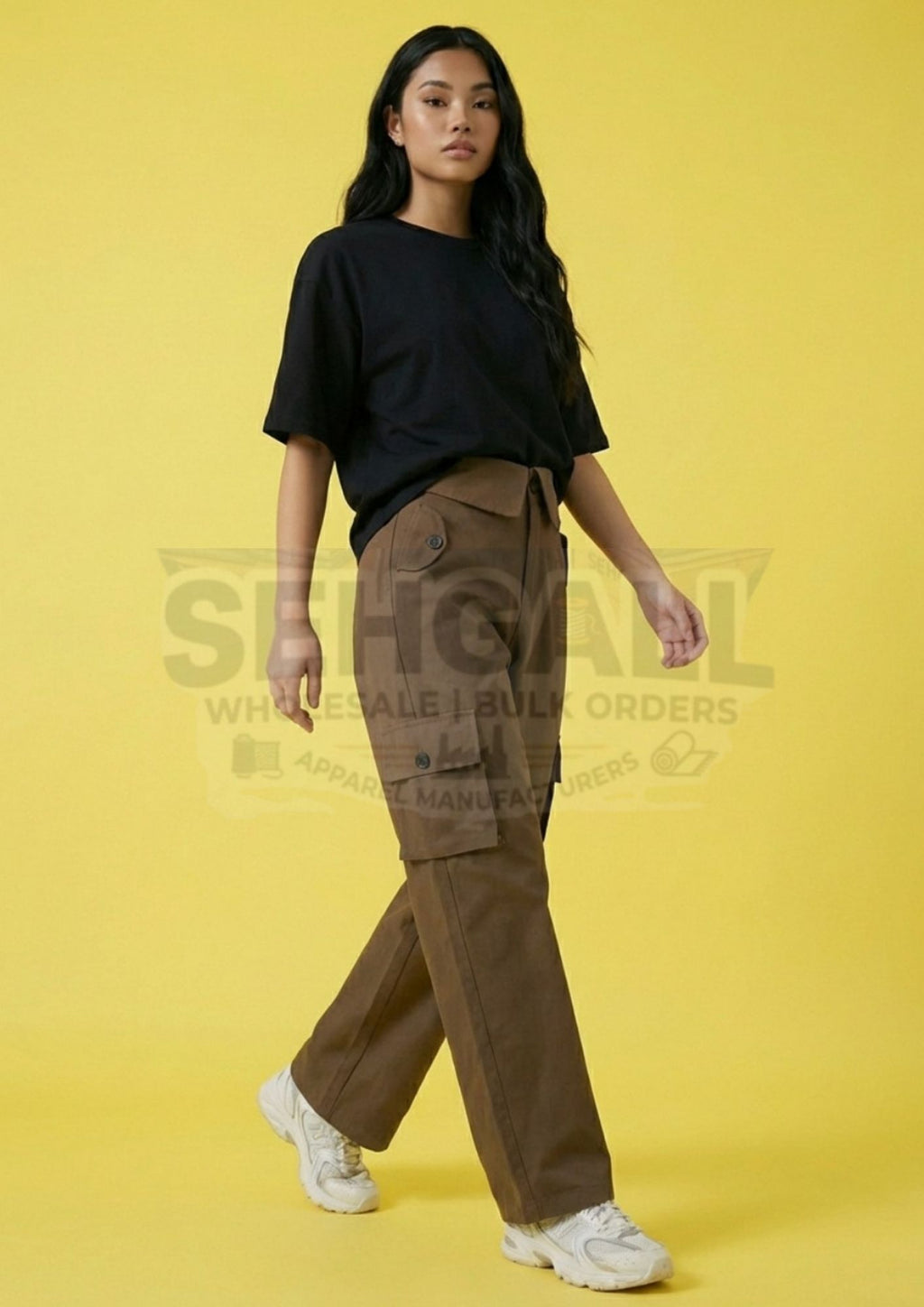 Women High Waist Cargo Pants with Collared Waistband-3630