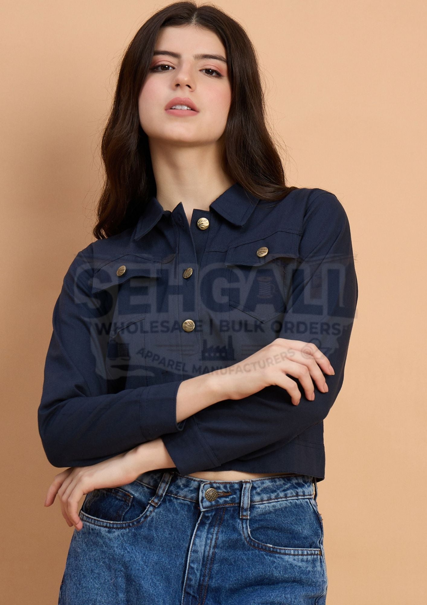 Twill Button Front Women Regular Jacket-2623