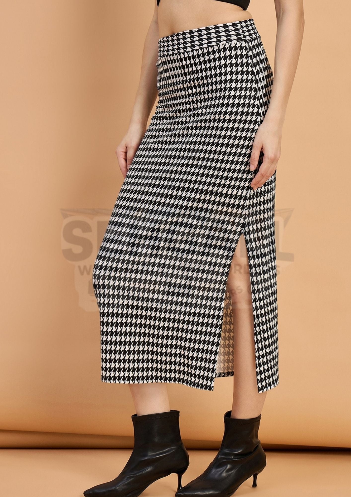 Women Houndstooth Midi Pencil Skirt with Side Slit-3588