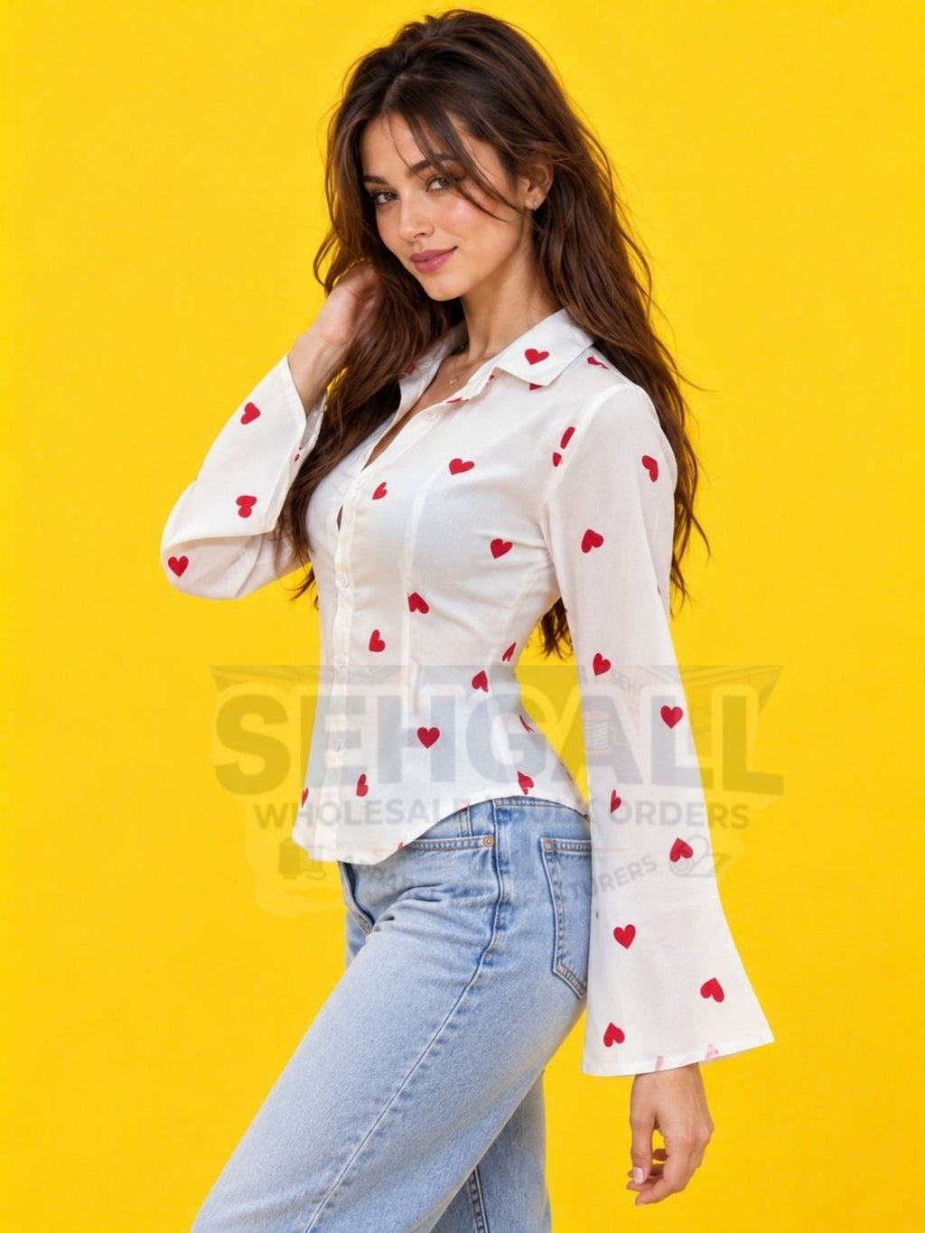 White Red Heart Print Button Down Shirt - 3748