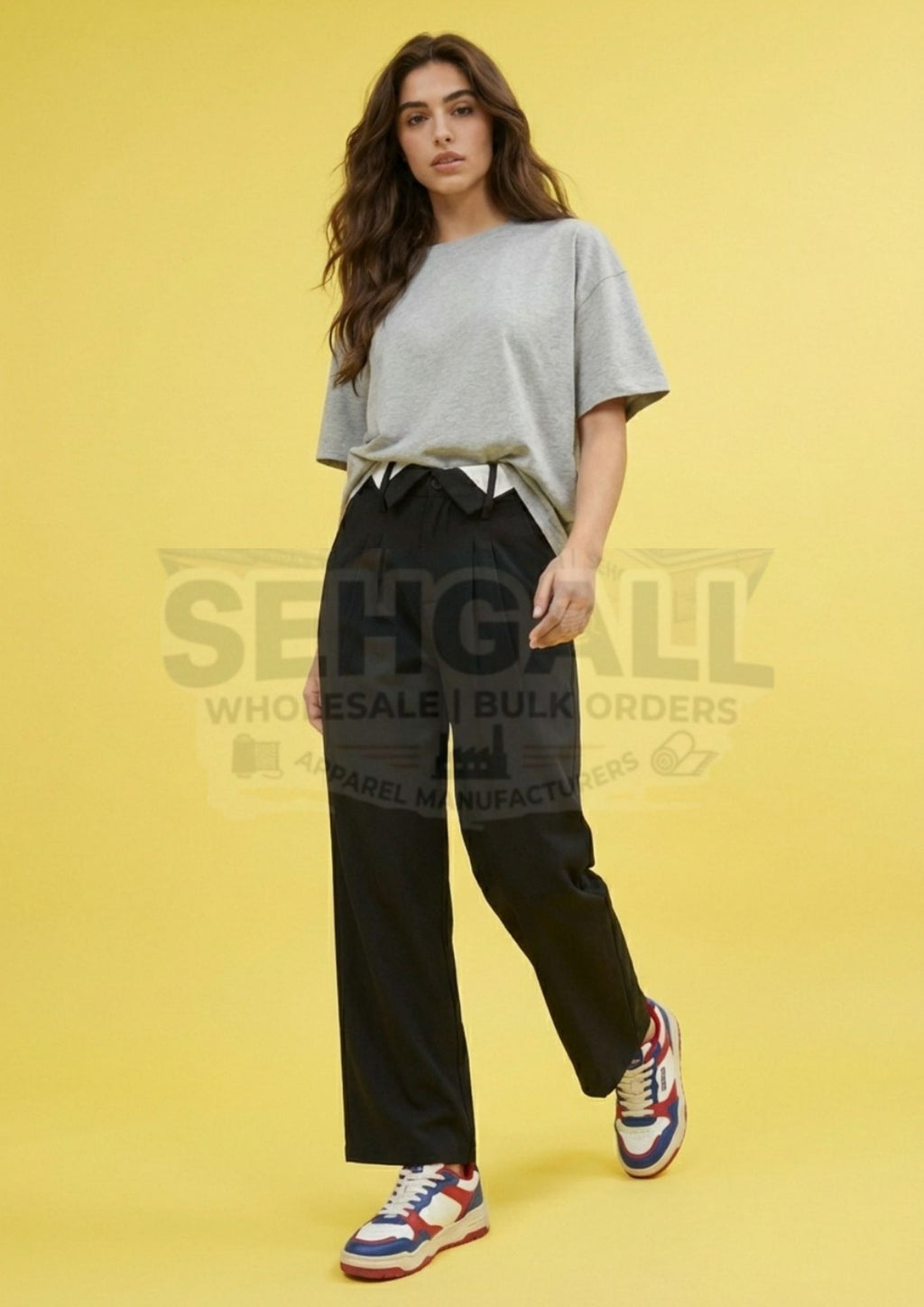 Women Trouser Pants with Contrast Collared Waistband Design-3631