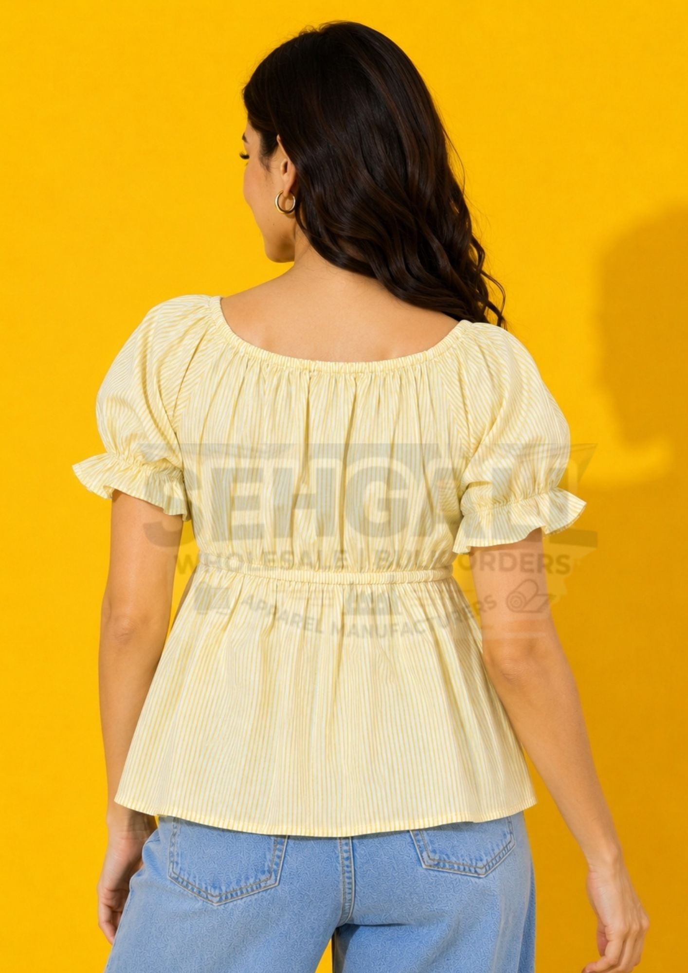 Women's Striped Babydoll Peplum Top with Tie Neck Smocked Waist-3710