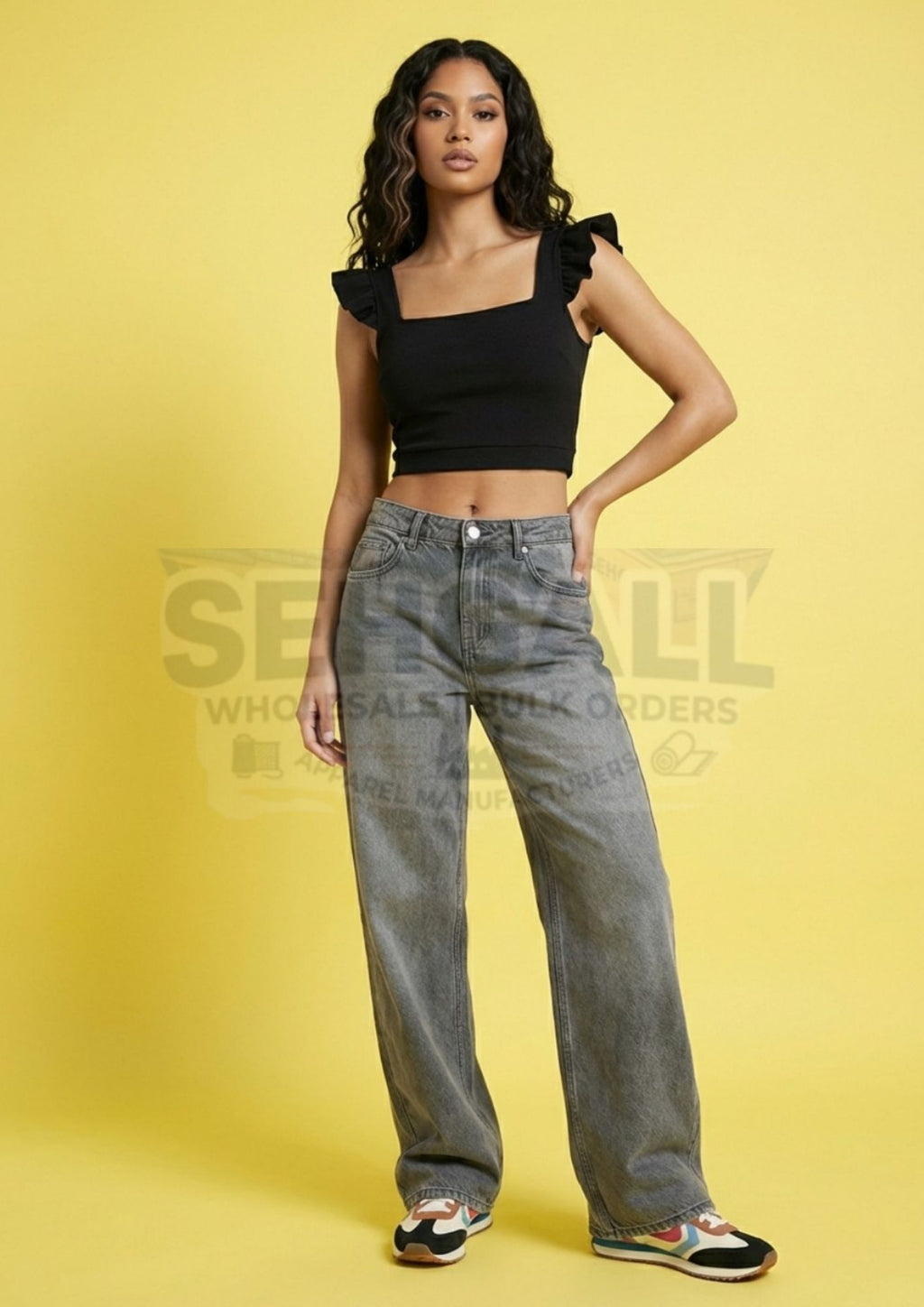 Women Black Sleeveless Crop Top Square Neck Ruffle Strap-3652