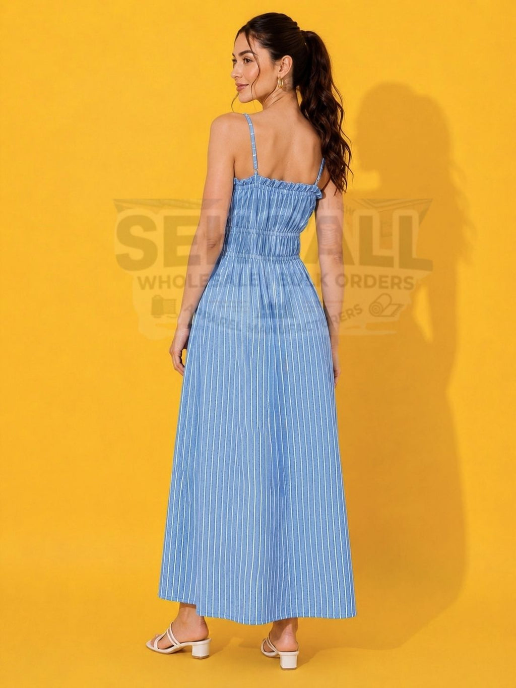 Women Cotton Blue Striped A-Line Maxi Dress-3721