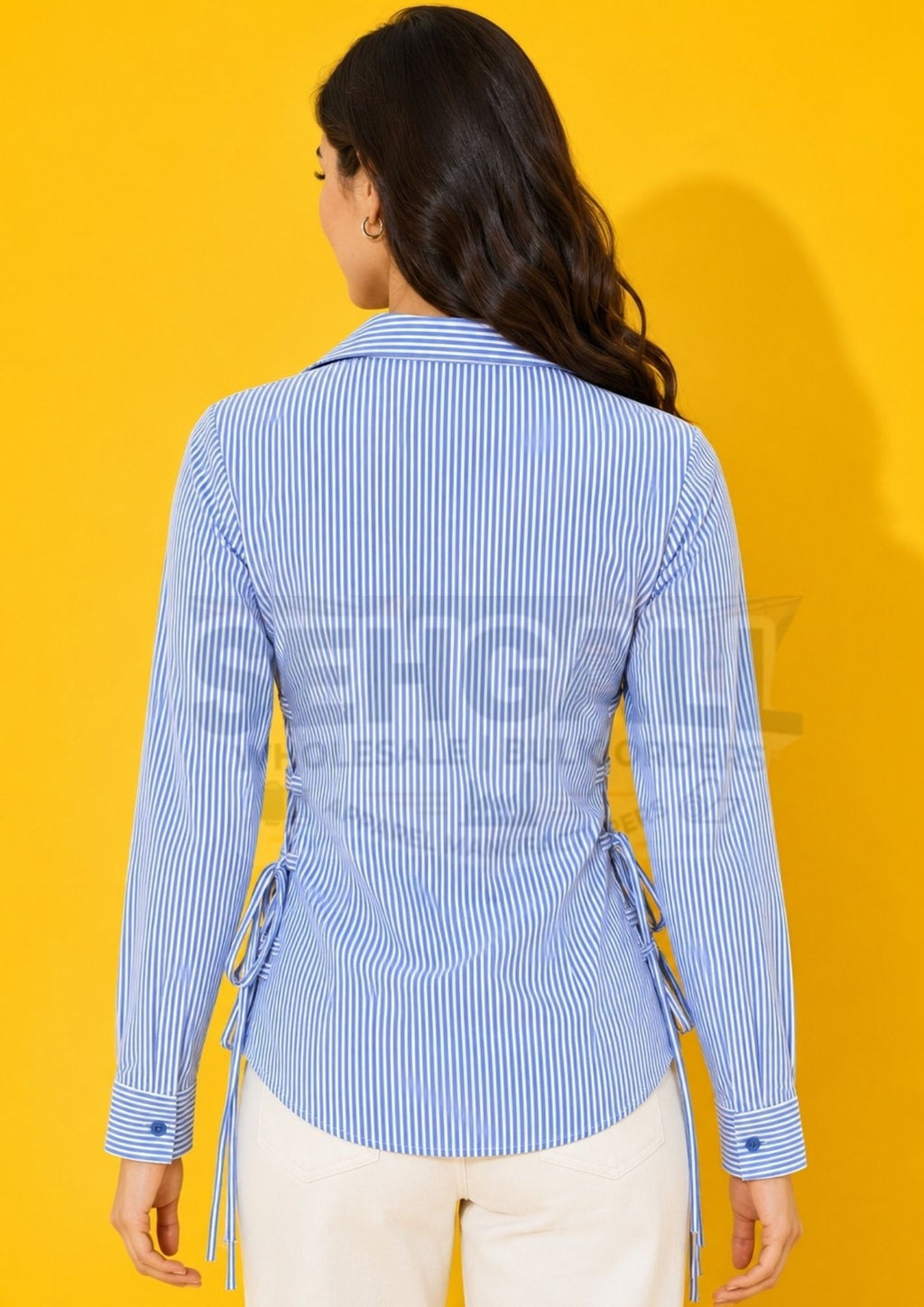 Pinstripe Lace-Up Side Detail Long-Sleeve Button-Down Cotton Shirt-3715