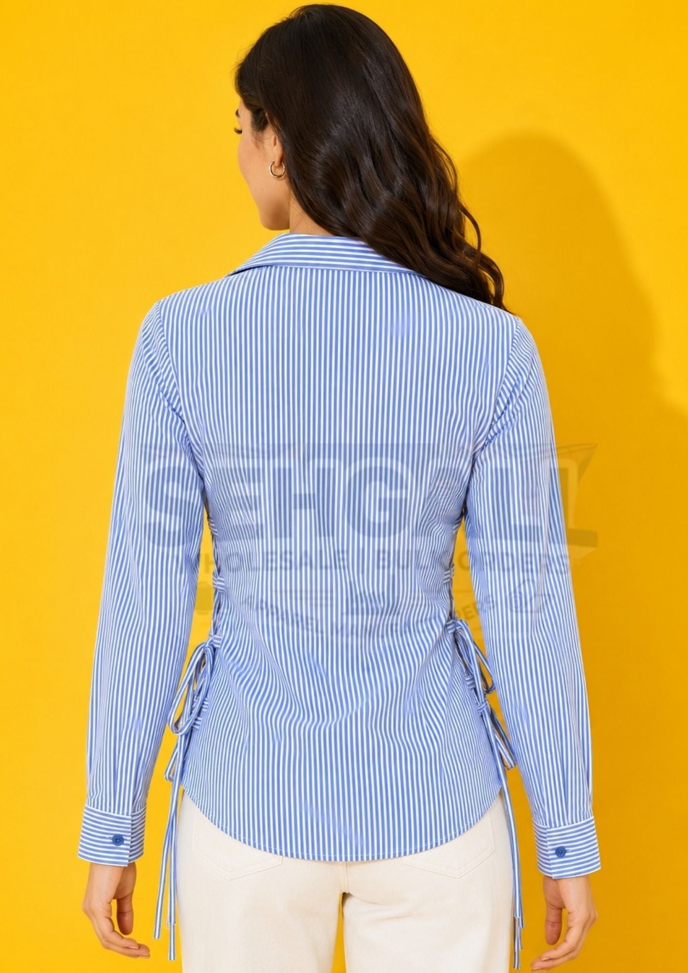 Pinstripe Lace-Up Side Detail Long-Sleeve Button-Down Cotton Shirt-3715