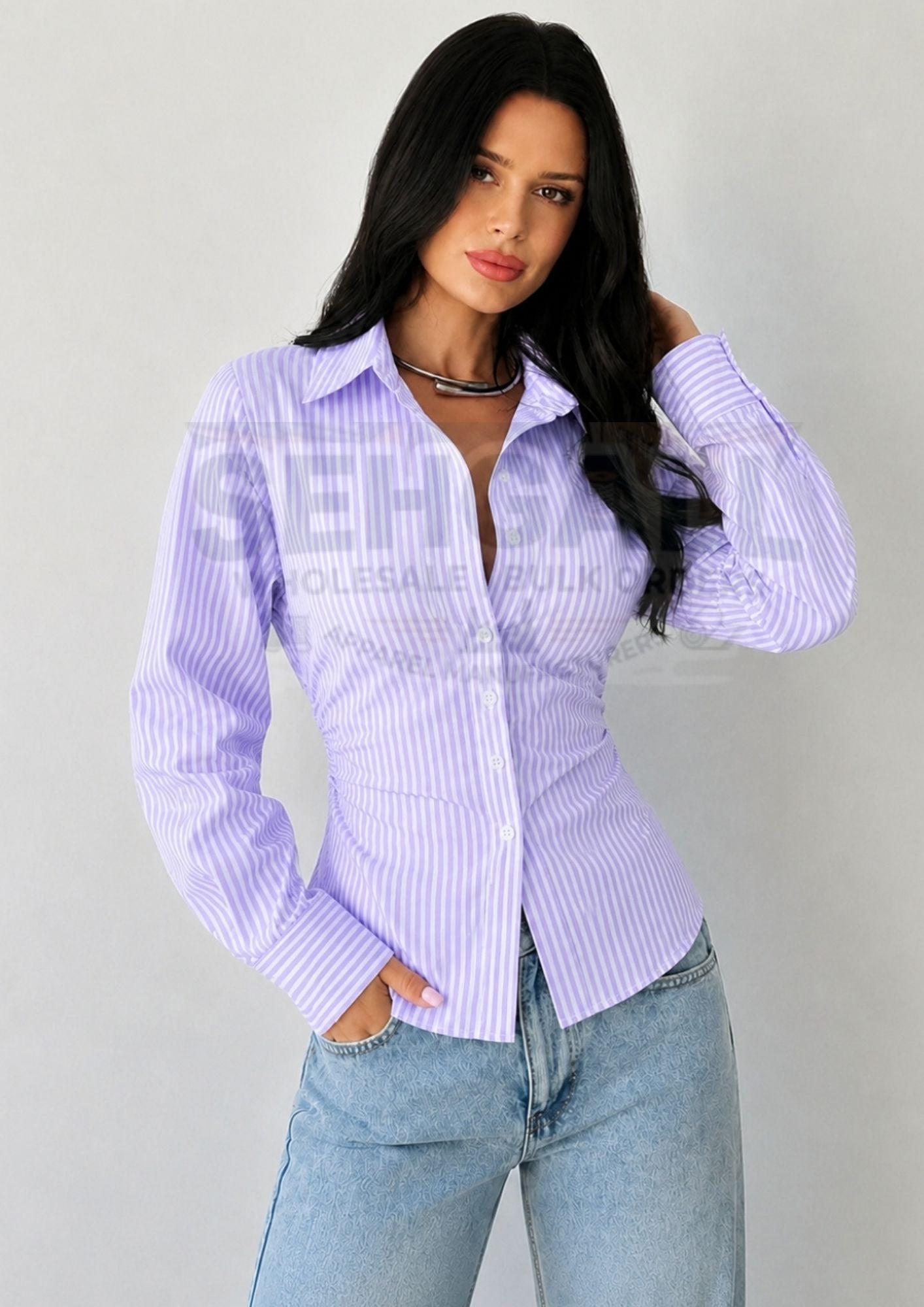 Striped Cotton Corset Back Waist-Tie Long Sleeve Shirt-3689