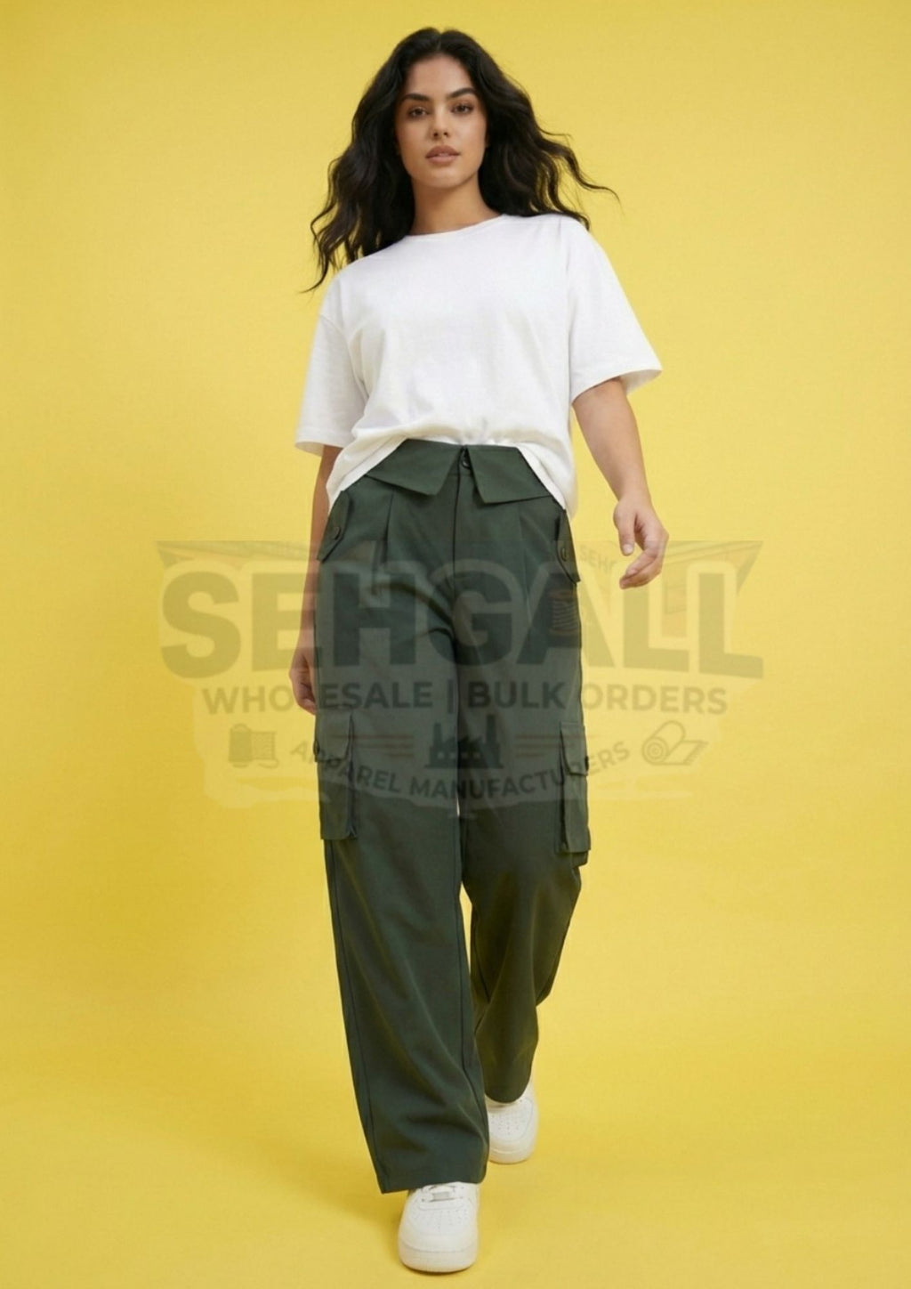 Women High Waist Cargo Pants with Collared Waistband-3630