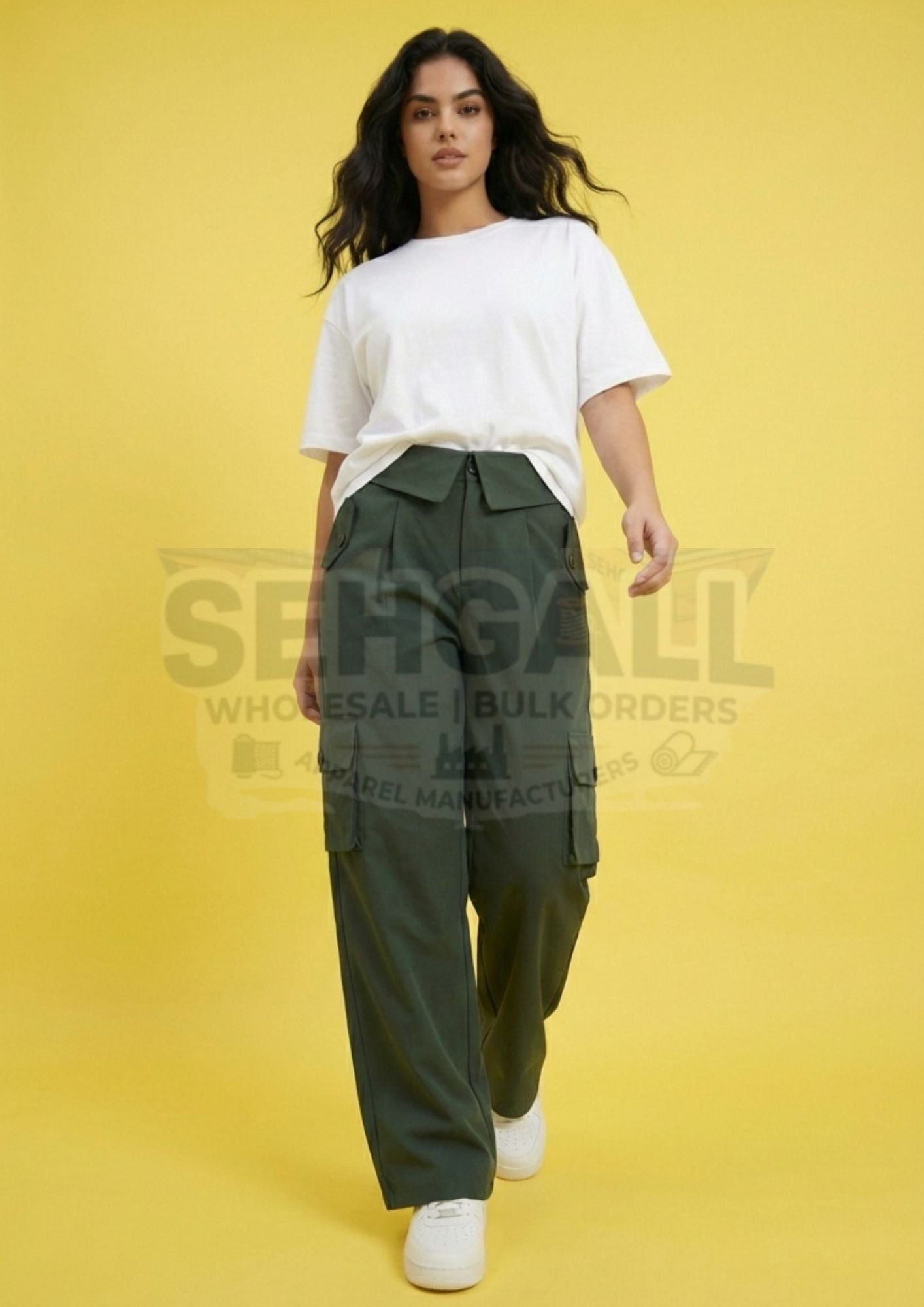 Women High Waist Cargo Pants with Collared Waistband-3630