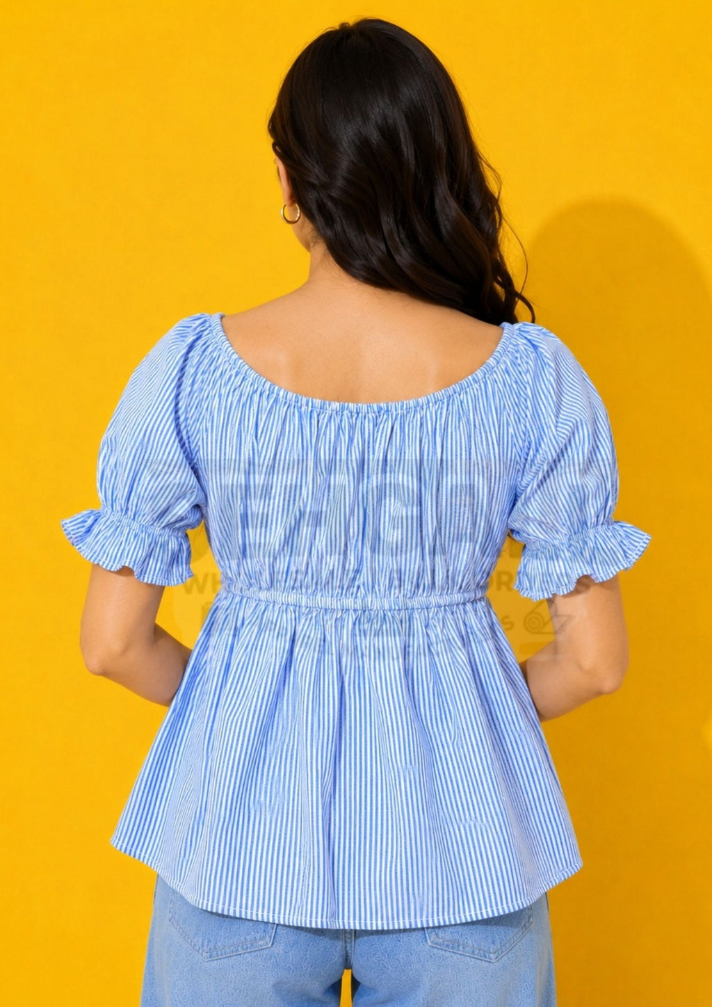 Women's Striped Babydoll Peplum Top with Tie Neck Smocked Waist-3710