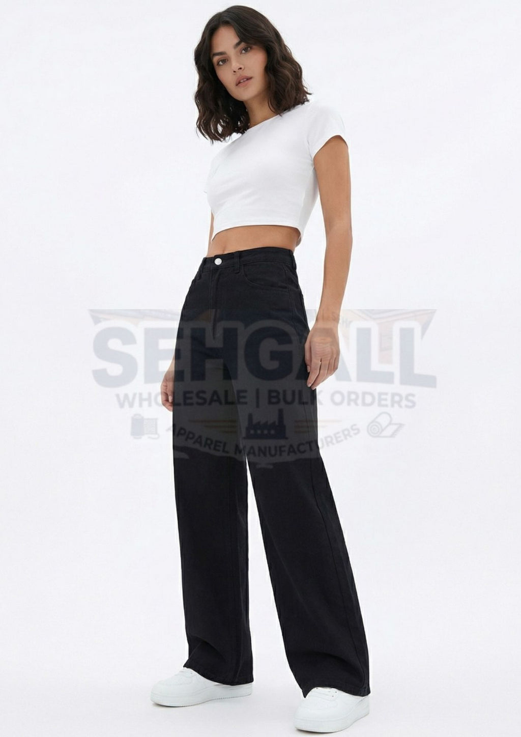 Black Casual Women's Wide Leg High Waist Denim Jeans-3626
