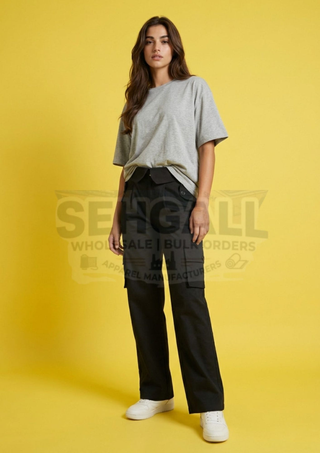 Women High Waist Cargo Pants with Collared Waistband-3630