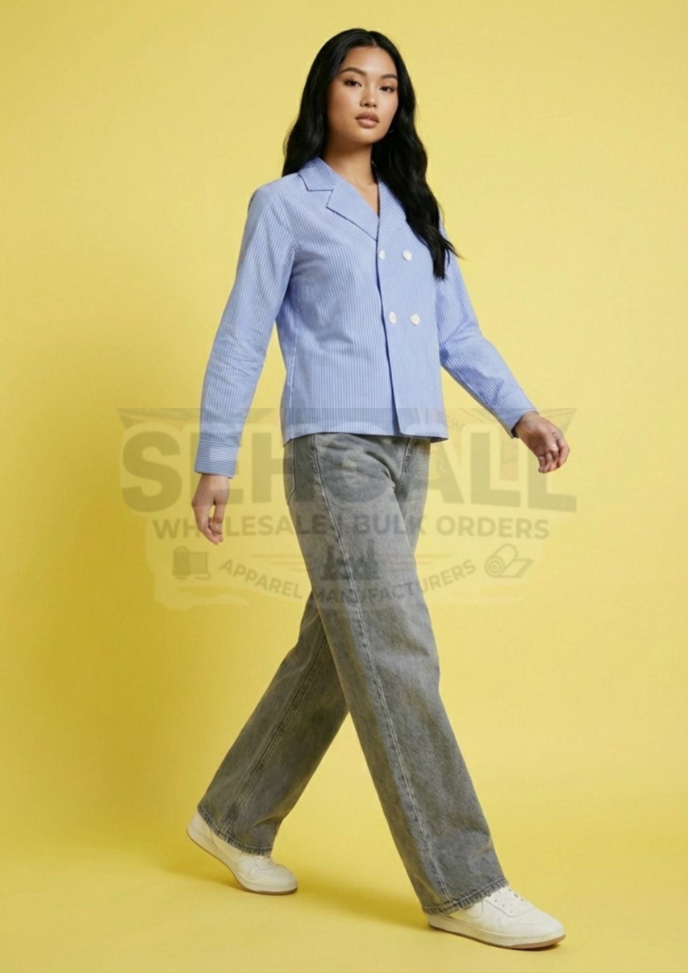 Blue Striped Blazer Shirt Lapel Collar-3649