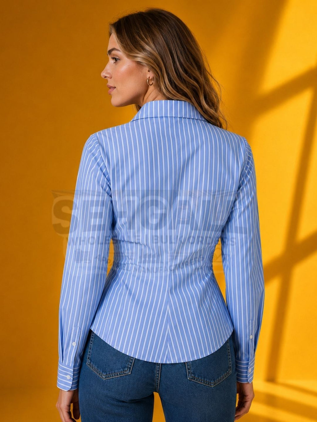 Striped Asymmetric Hem Collared Formal Wrap Shirt Top-3693