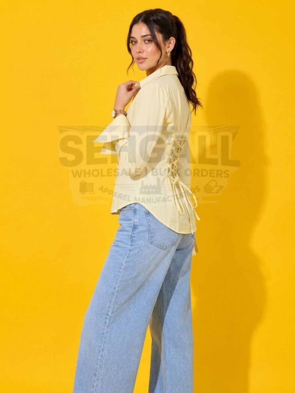 Striped Cotton Corset Back Waist-Tie Long Sleeve Shirt-3691