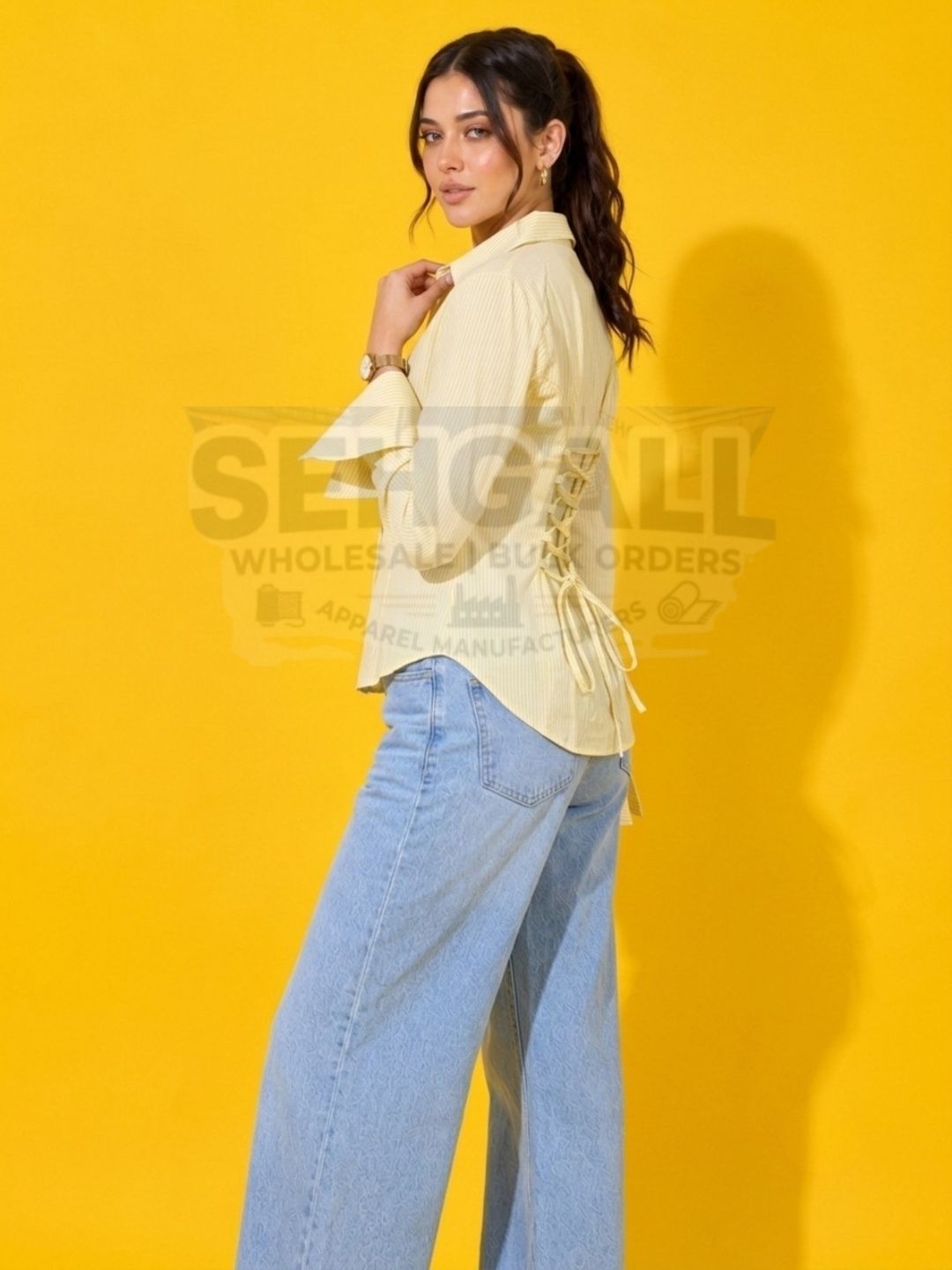 Striped Cotton Corset Back Waist-Tie Long Sleeve Shirt-3691