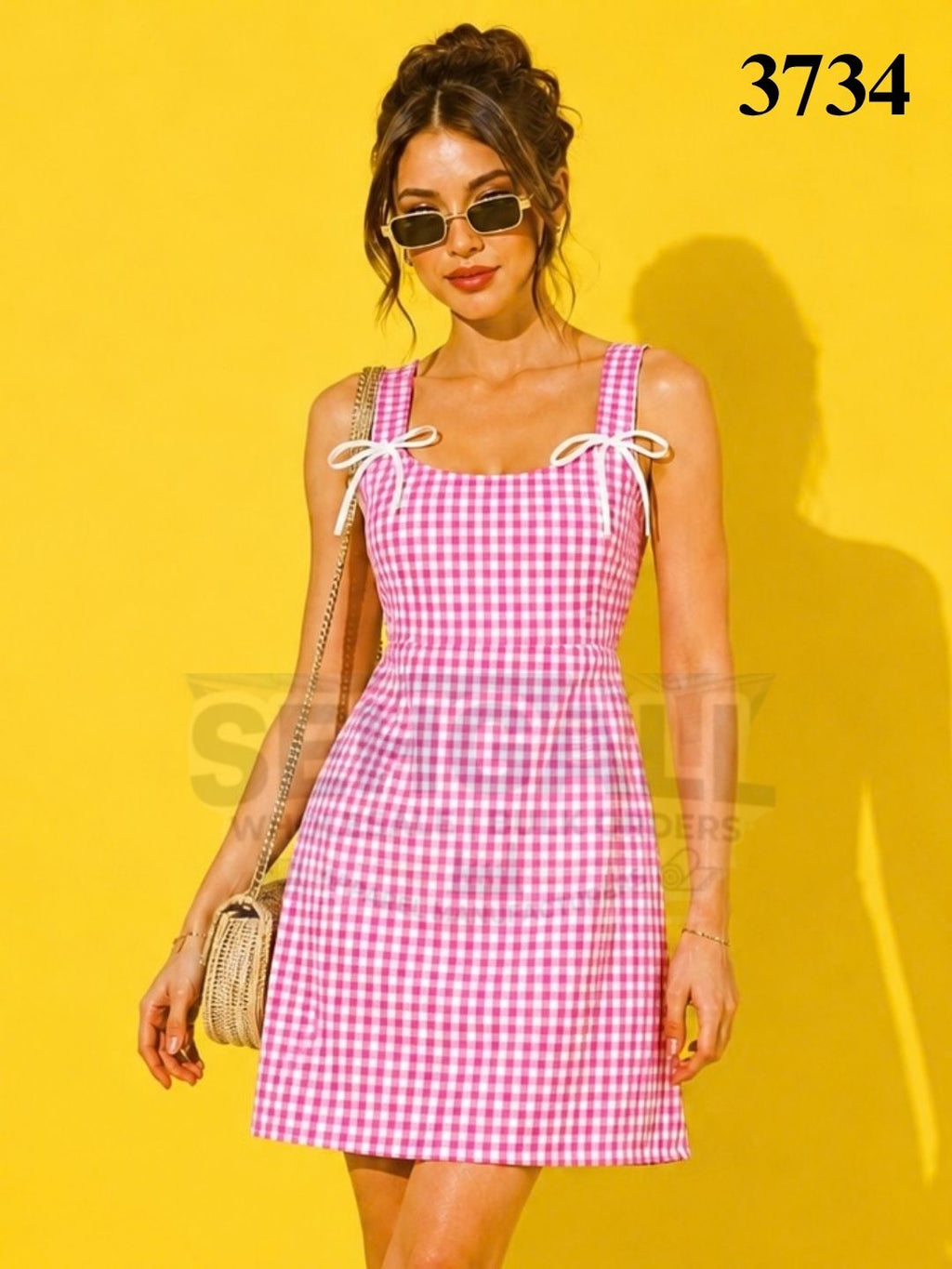 Gingham Check Bow Strap Mini Dress - 3734