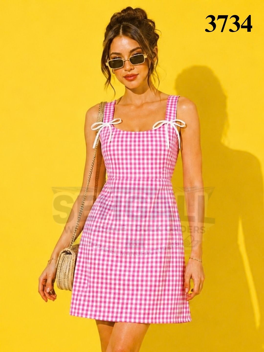 Gingham Check Bow Strap Mini Dress - 3731