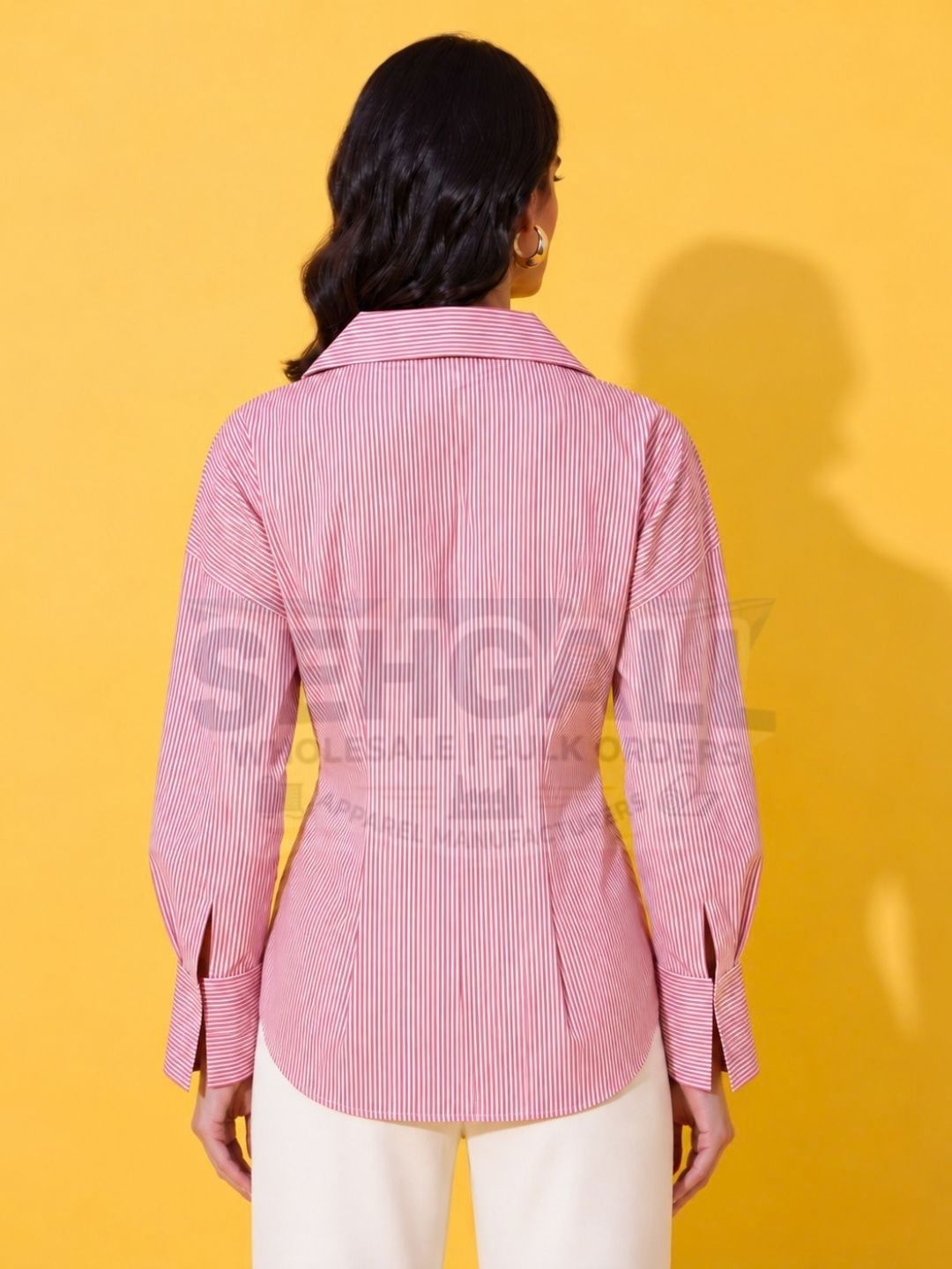 Pinstripe Button-Front Cinched Waist Shirt - 3702