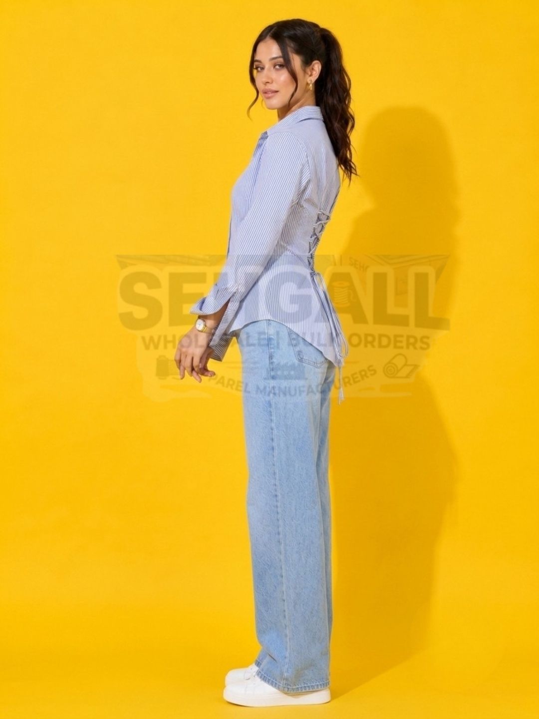 Striped Cotton Corset Back Waist-Tie Long Sleeve Shirt-3691